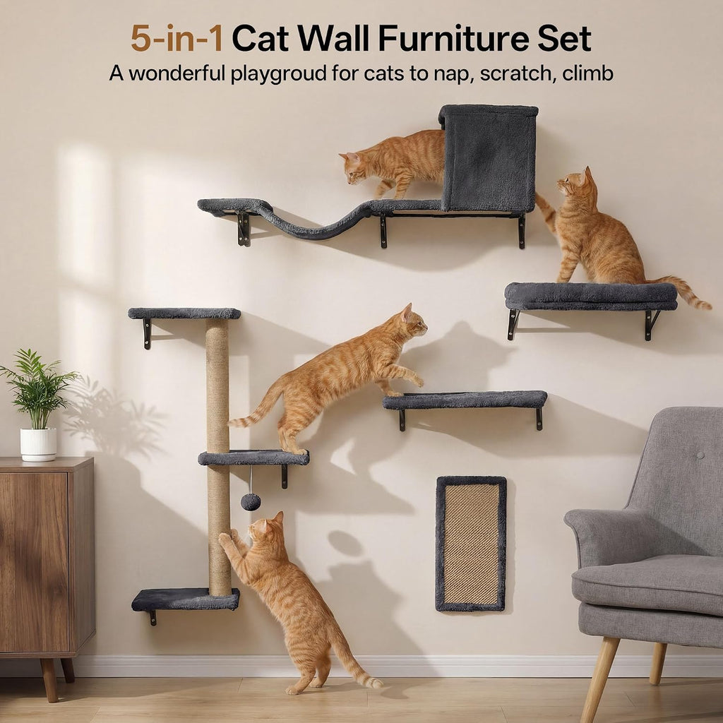 Cat Wall Shelves, 5-in-1 Cat Wall Furniture Set, Grey