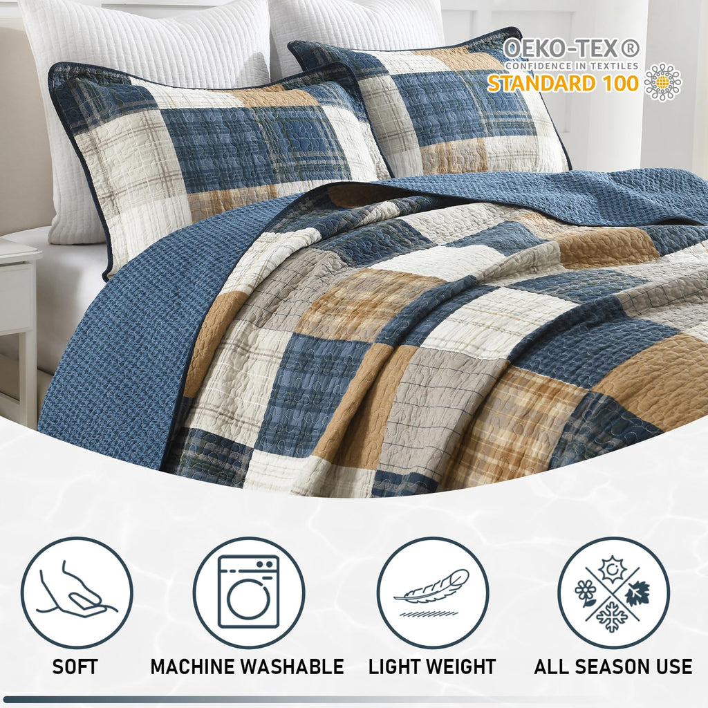 100% Cotton Quilt Set, Rustic Farmhouse Plaid, Blue/Khaki