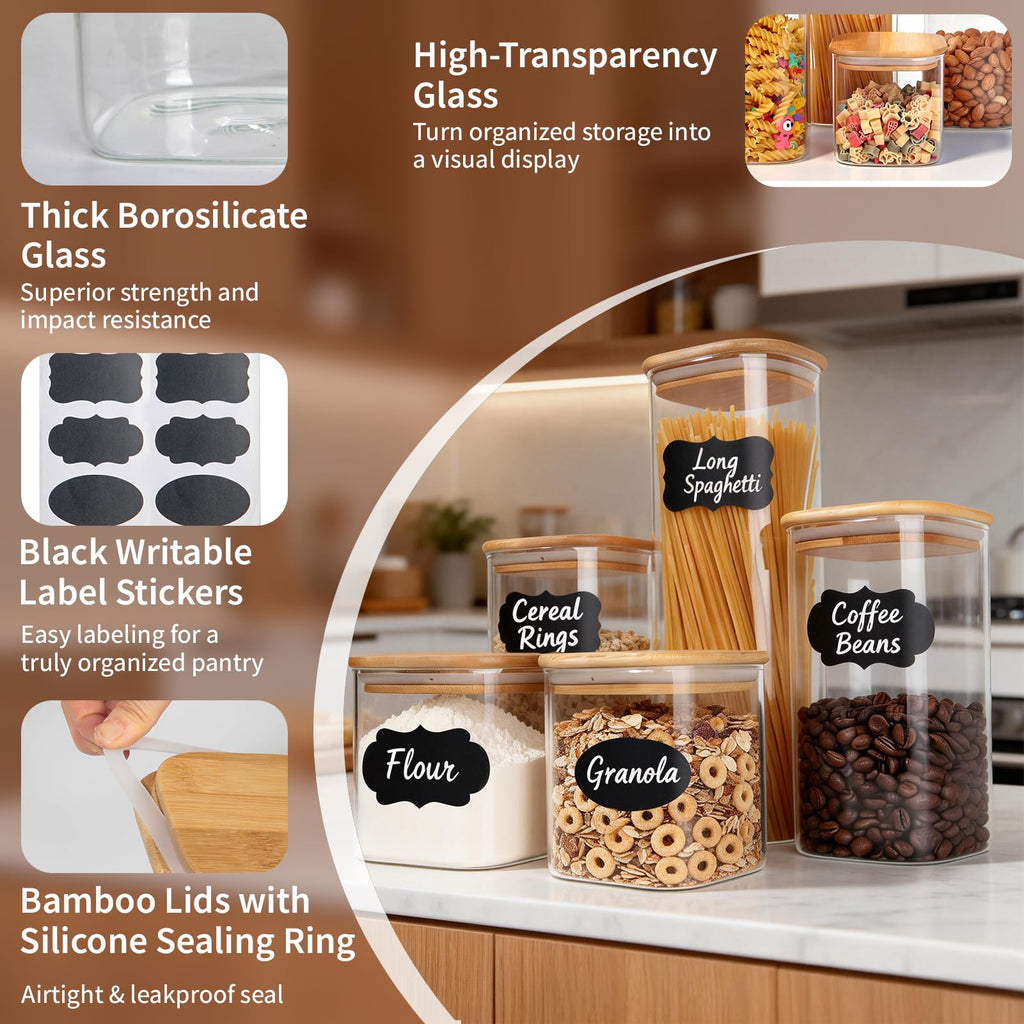 Glass Storage Containers with Lids [Multi-Size Set of 5], Airtight Glass Canisters & Pantry Organization, Clear Food
