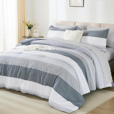 King Comforter Set 7 Pieces - Light Grey Striped Lightweight Bed in a Bag