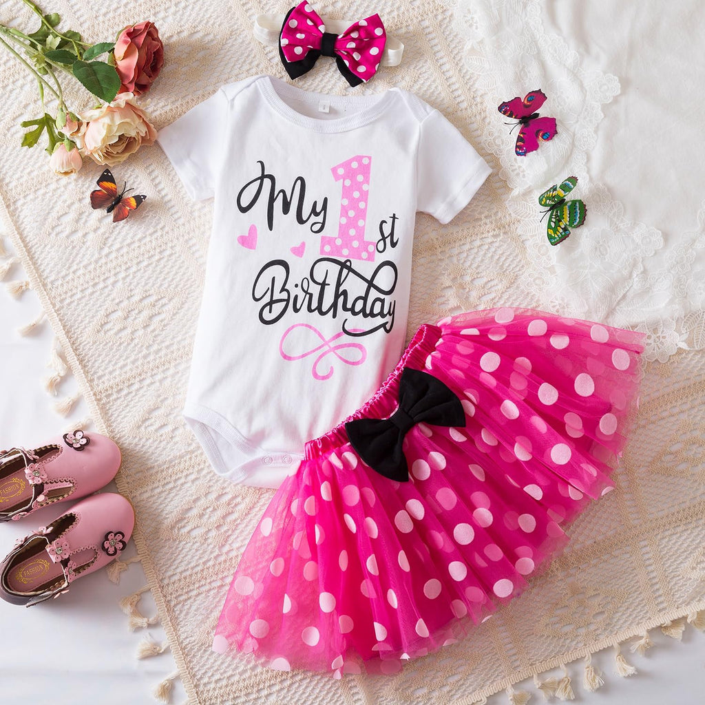 Baby Girl 1st Birthday Outfits Sets Polka Dot Dress Romper+Tutu Skirt+Headband