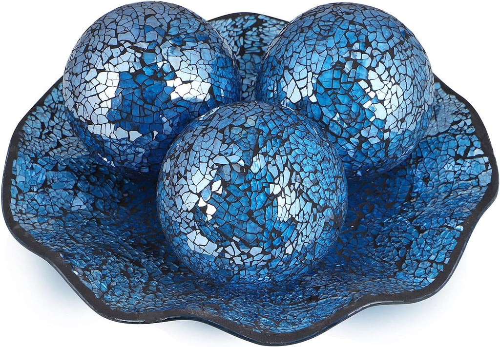 Centerpiece Bowl and Balls Set, Mosaic Tray with 3 Pieces Spheres, 12" Decorative Plate with 4" Mosaic Orbs Decor