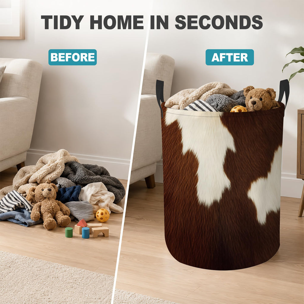 Laundry Hamper, Cowhide Western Collapsible Laundry Basket with Handles, Farmhouse Brown Waterproof Oxford Cloth