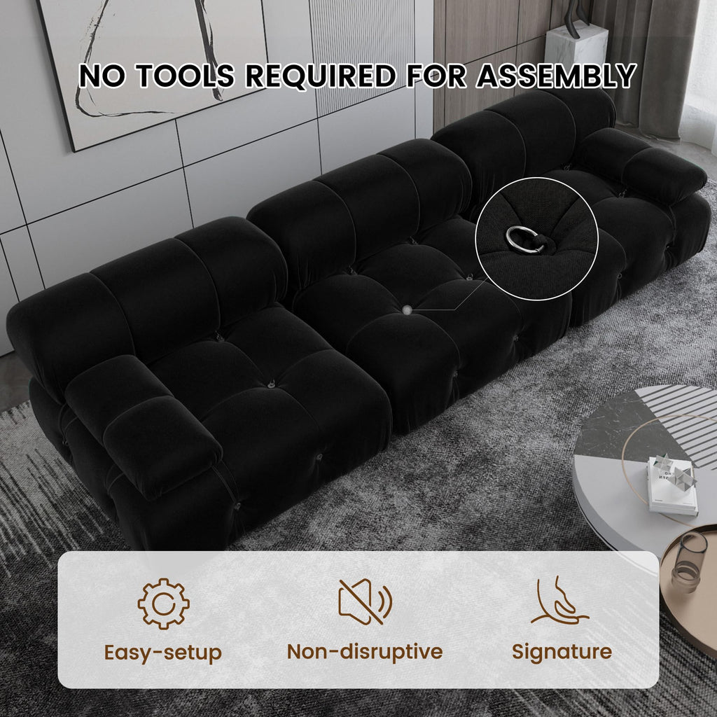 Convertible Modular Sectional Sofa, Modern Velvet Straight 3-Seater Couch (104 in/Black)