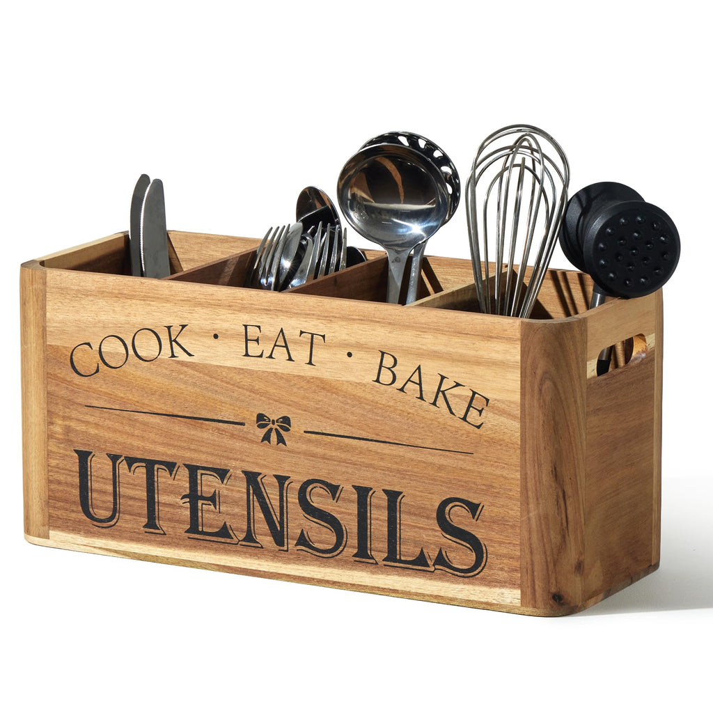 Utensil Holder Countertop - Extra Large 4 Compartment Wooden Organizer in Acacia Wood, Storage for Cooking Tools