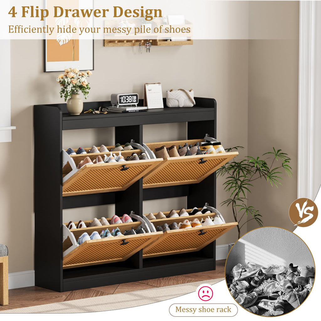 Shoe Storage Cabinet with 4 Deep Flip Drawers, Wood Shoe Cabinet with Rattan Doors and Adjustable Shelves