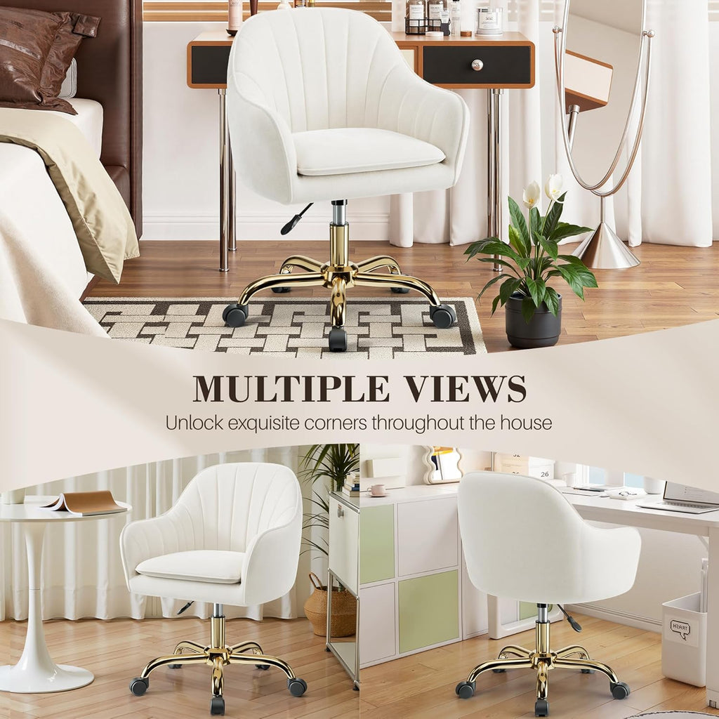 Vanity Chair with Wheels, Comfy Home Office Desk Chairs Adjustable Modern Velvet Makeup Vanity Chairs for Bedroom