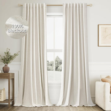Cream 100% Blackout Linen Curtains 96 Inch Length Ceiling to Floor 2 Panels 8 FT for Living Room Bedroom Back Tab