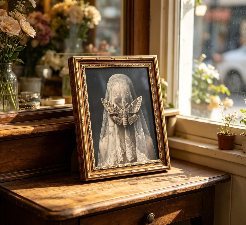 Vintage Gold Framed Death Moth Veiled Woman Wall Art, Gothic Surreal Canvas Print, Dark Academia Victorian Witchy