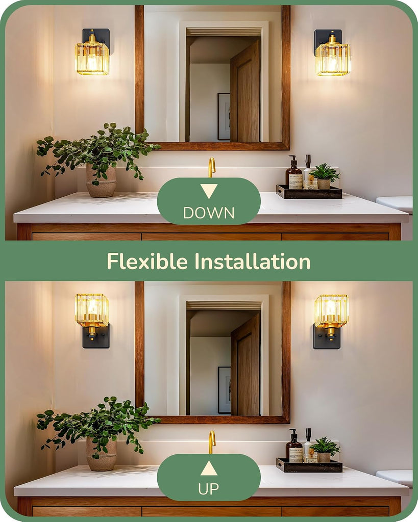 Wall Sconces Set of Two, Bathroom Light Fixtures with Crystal Shade, Modern Vanity Lights, Black Gold Lighting