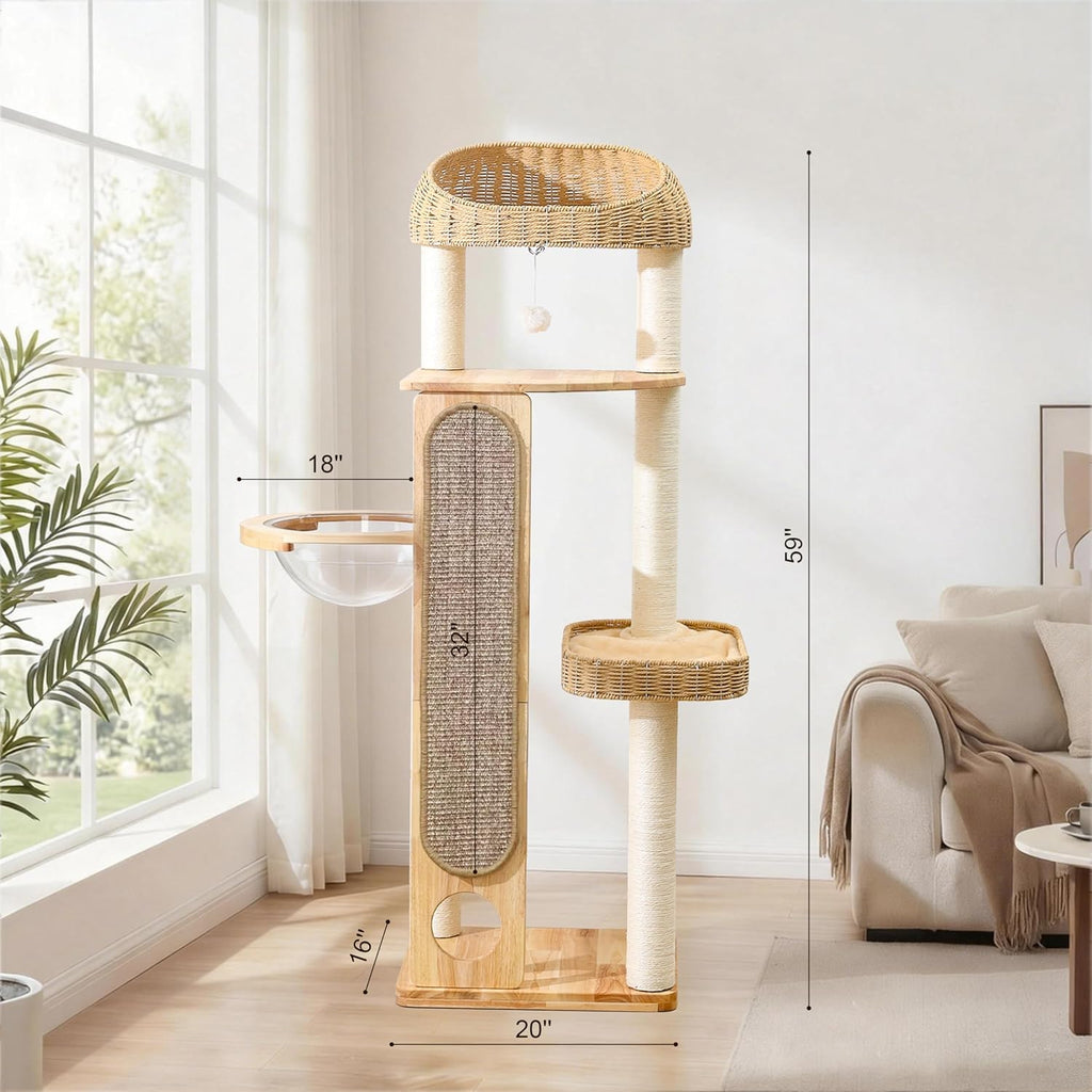 59-inch Cat Tree, Cat Tower with Scratching Post, Extra Long Sisal Blanket, Handwoven Basket & Space Capsule Nest