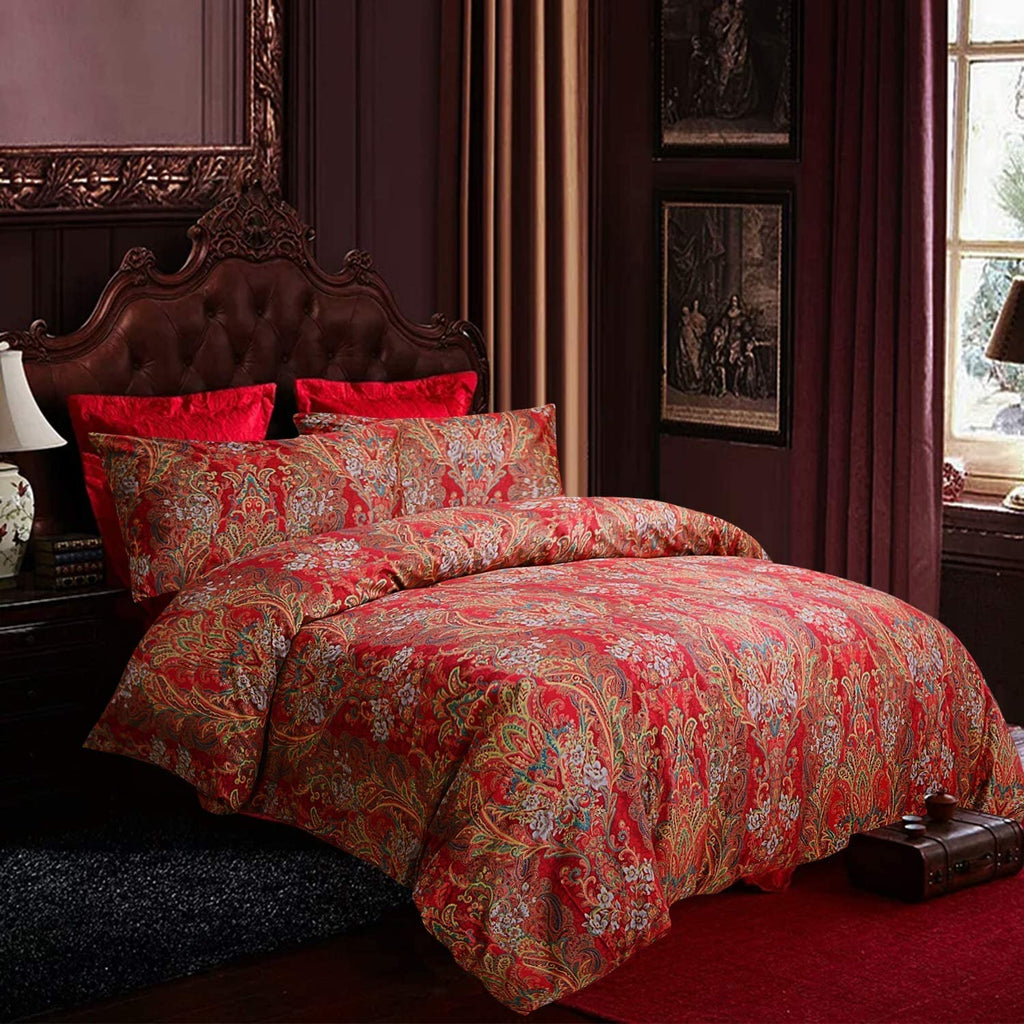 Boho Bedding Sets Cal King Bohemia 3Pcs Damask Duvet Cover Double Side Red Paisley Pattern Bedding 100% Egyptian
