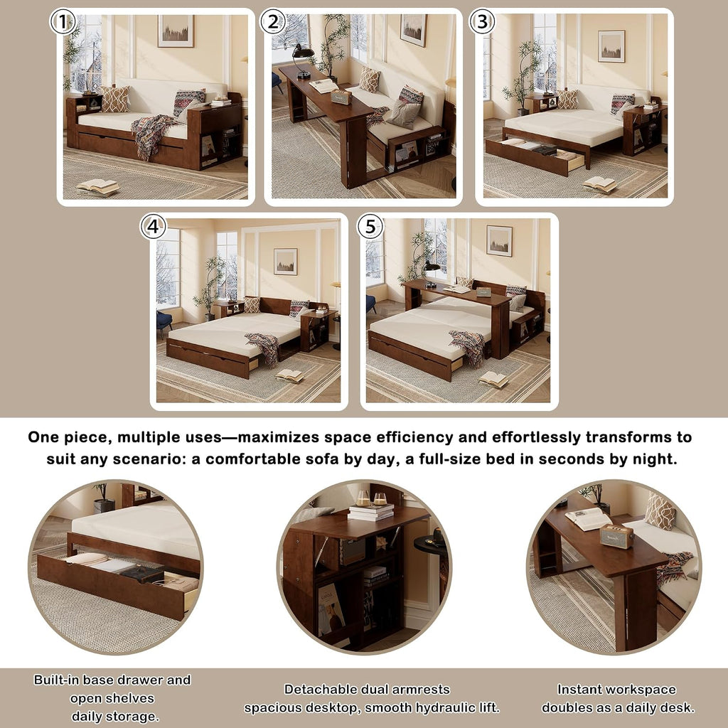 Queen Size Daybed with Pop Up Trundle and 2 Storage Drawers, Wooden Queen Day Bed Frame with Removable Desk