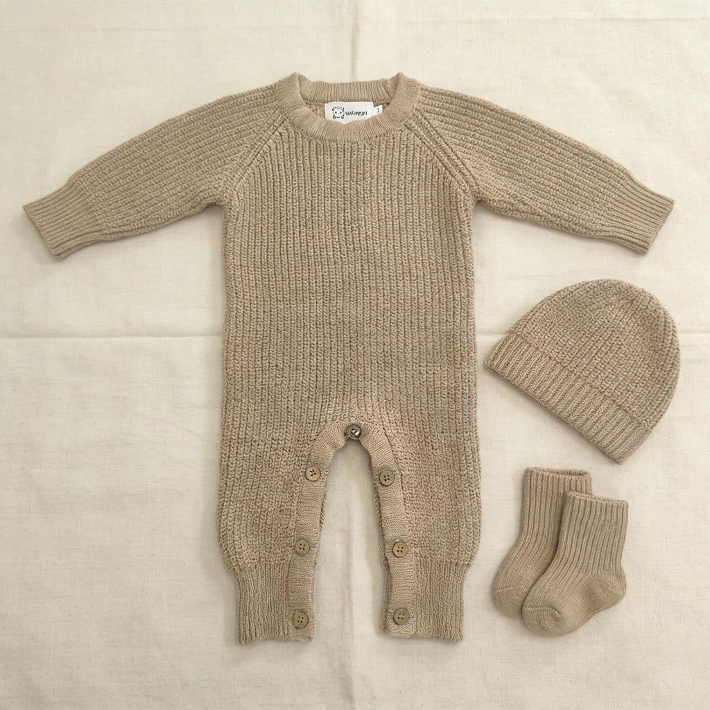 Cozy Baby 100% Cotton Knitted Romper, White Long Sleeve Jumpsuit, Winter Outfit, Button Closure