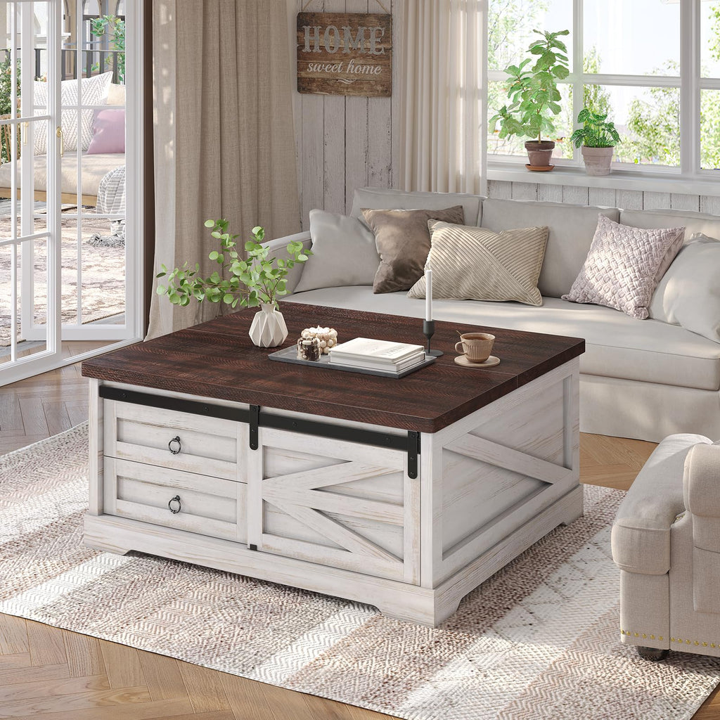 39.4'' Lift Top Coffee Table with Storage, Farmhouse Coffee Tables, Square Coffee Table with Large Hidden