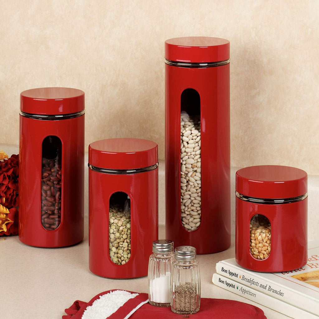 Quality Modern Red Stainless Steel Canister Set Counter with Glass Window & Airtight Lid - Food Storage Containers
