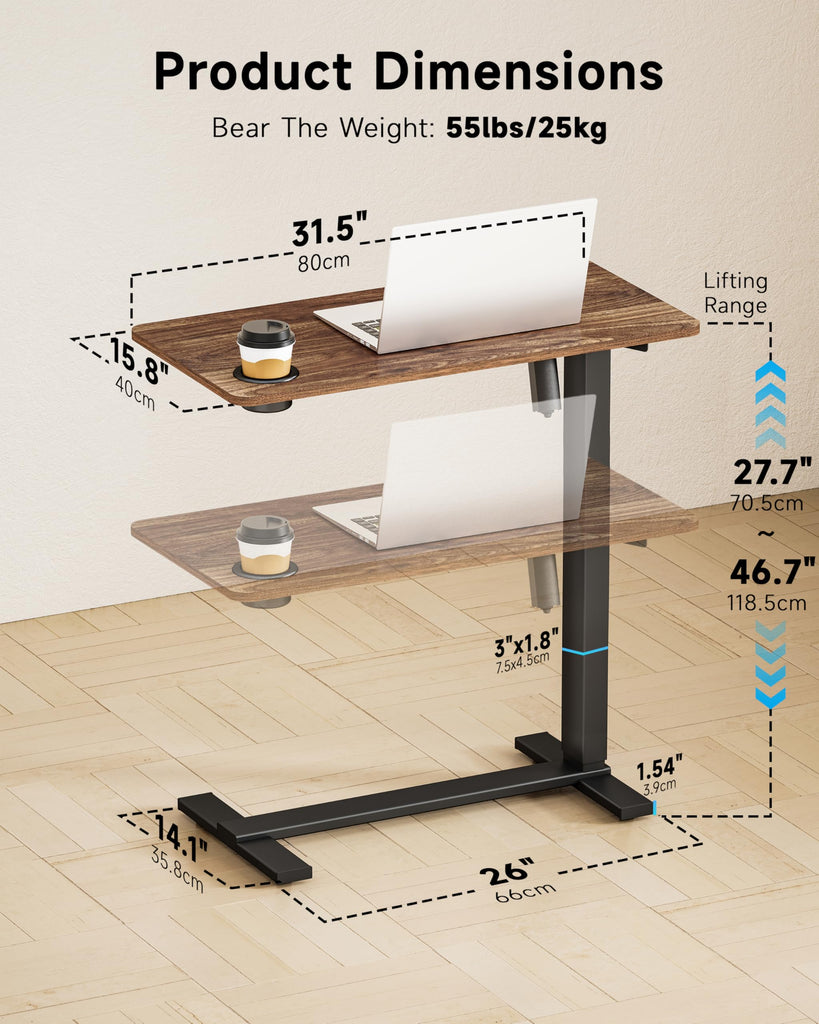 Small Electric Standing Desk Bedside Table with Hidden Wheels 31.5 x 15.8 Inch Adjustable Computer Laptop Office