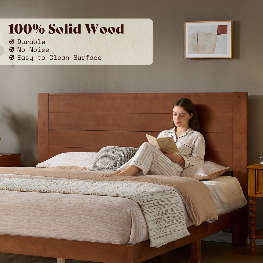 Queen Size Solid Wood Platform Bed with Mid Century Style, Brown