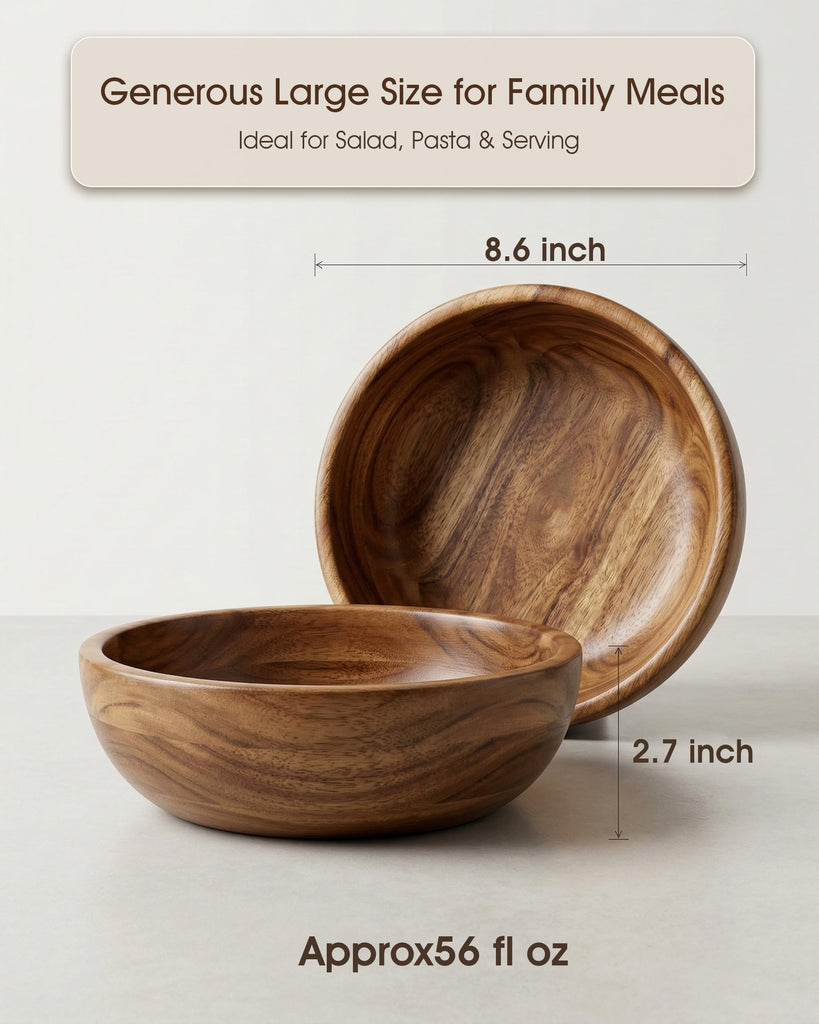 Wooden Salad Bowls Set of 2, Acacia, 8.6 Inch, 56 oz Each