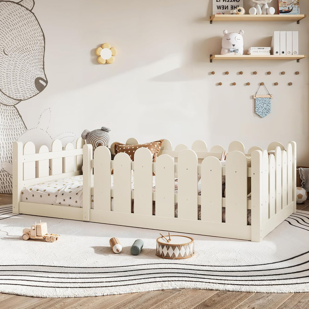 Twin Size Montessori Floor Bed with High Fence and Safety Guardrail, Solid Wood Floor Bed with Slats for Kids, Boys