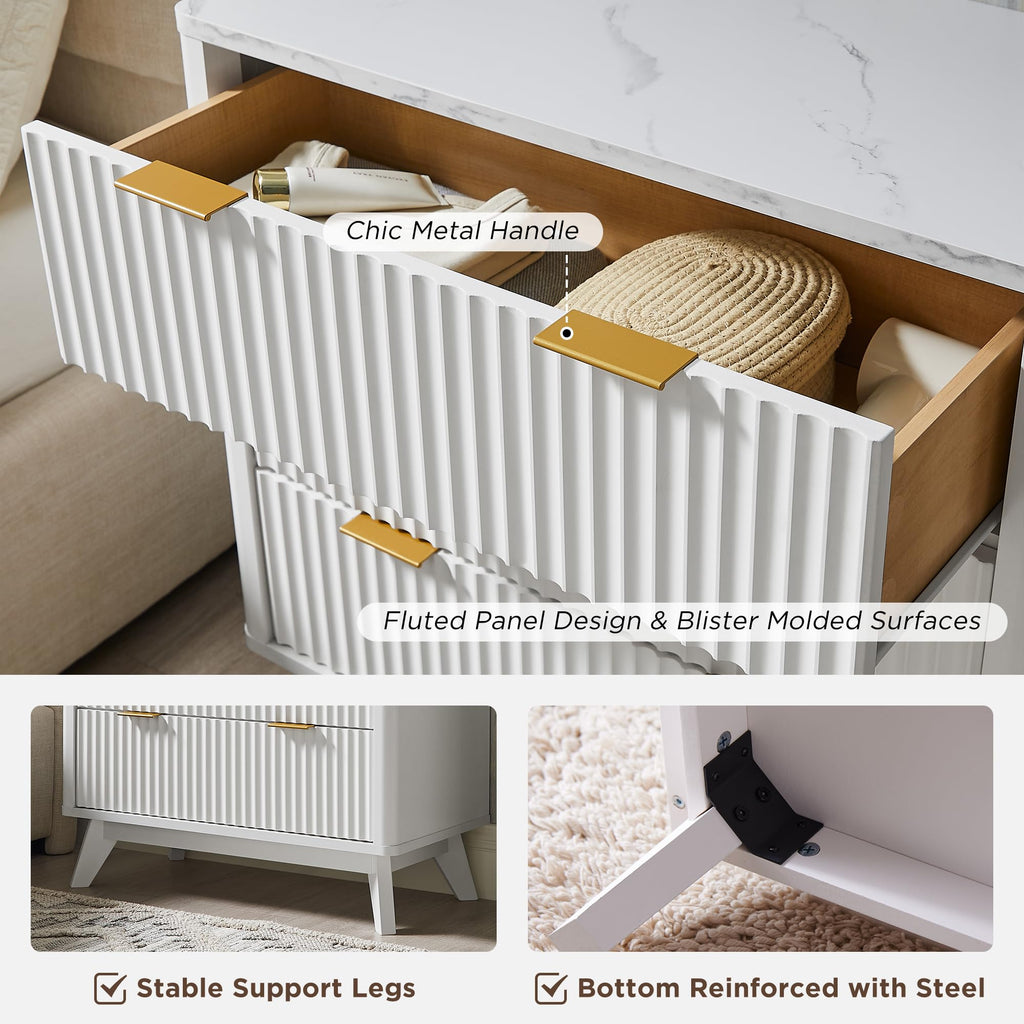 32" Fluted 3 Drawer Dresser, Solid White