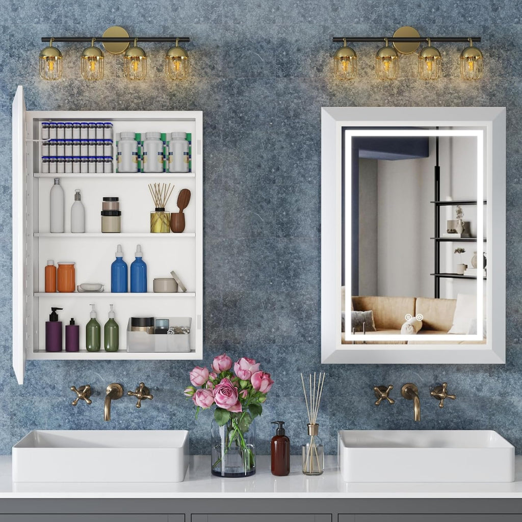 20"x28" White Medicine Cabinet with Lights, Bathroom Mirror with Storage, Dimming 3 Lighting Colors, Fast Defogging