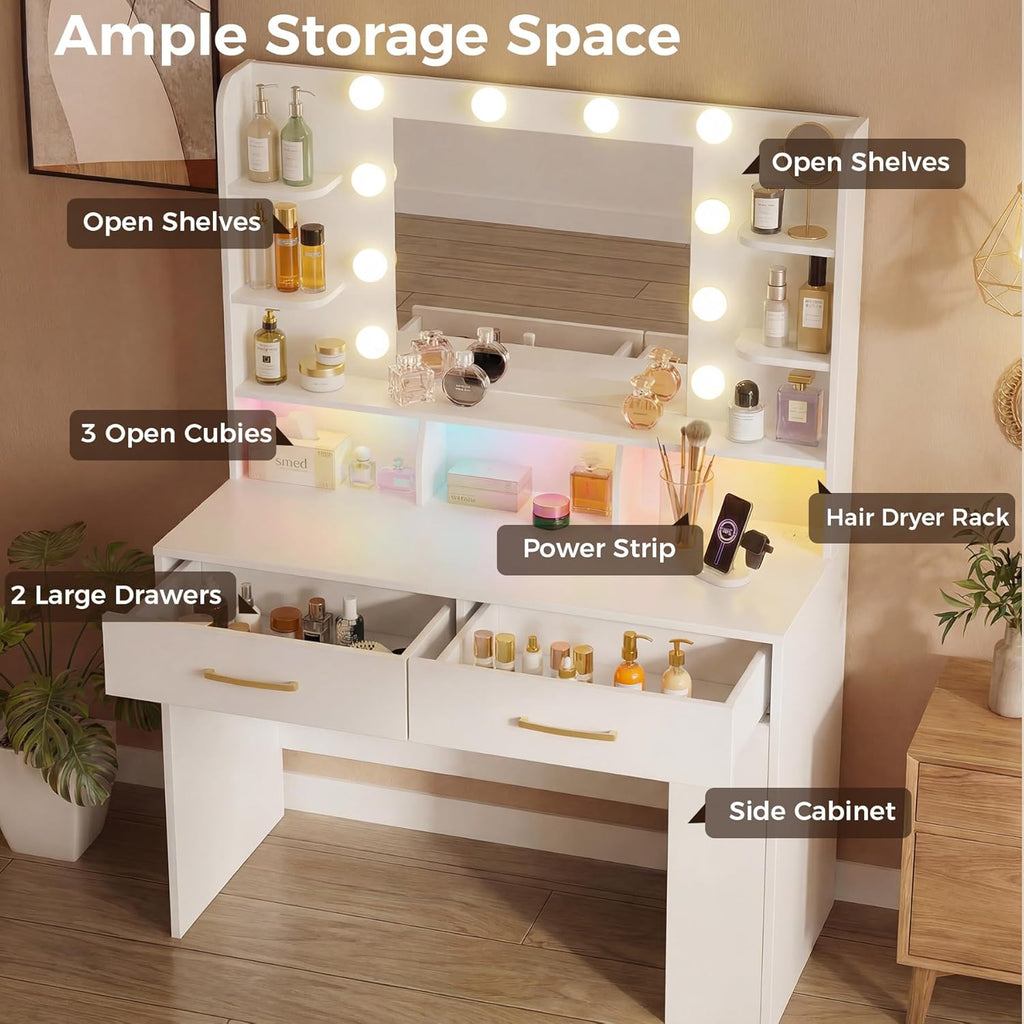 Vanity Desk with LED Lights Mirror & Charging Station, White Makeup Vanity with Storage Drawers and Shelves, Modern