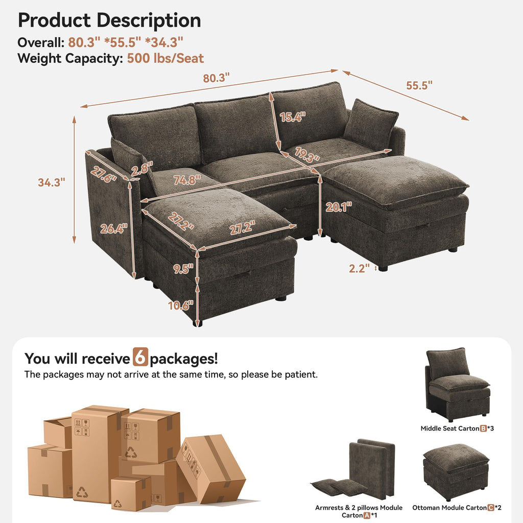 80" Cloud Modular 3 Seater Sofa with 2 Storage Ottoman, Modern Upholstered Storage Sofa Couch Deep Seat, U Shape