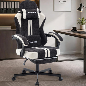 Fabric Gaming Chair for Adults, Video Game Chairs with Footrest, Black&White