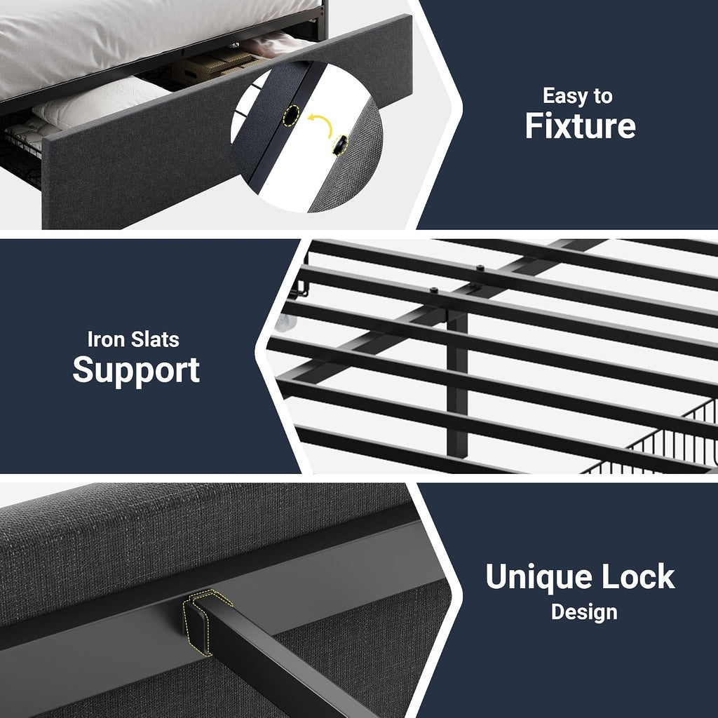Queen Platform Bed Frame with 3 Storage Drawers, Fabric Upholstered, Wooden Slats Support, No Box Spring Needed