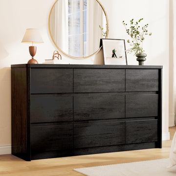 Black, 55" Wide Mid Century Modern Chest of Drawers with 9 Large Storage Space and Curved Edge Design, 9 Drawer Large