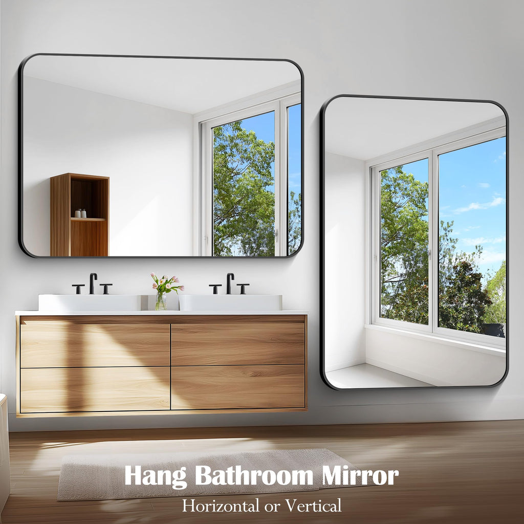 Large Bathroom Mirror, 60 x 40 inch Black Rectangle Mirror, Metal Framed Rectangular Vanity Mirror, Rounded Corner