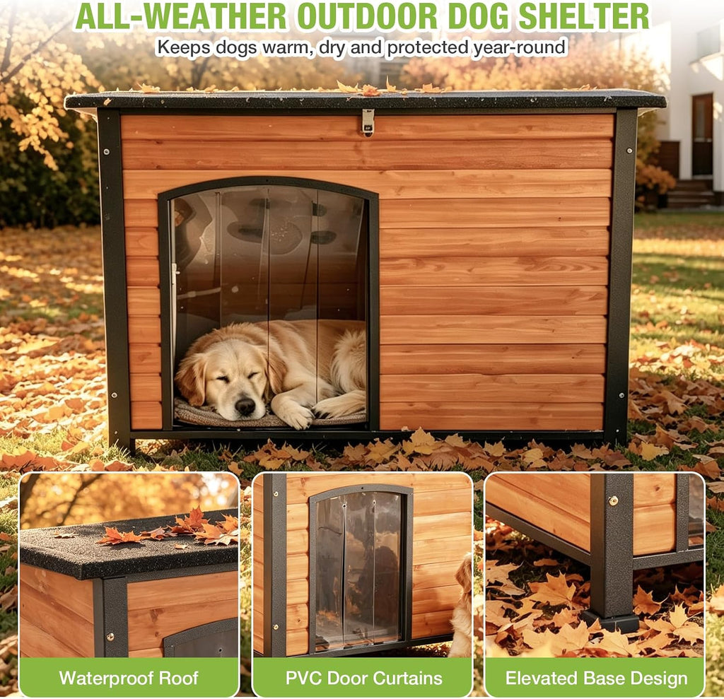 Medium Dog House Outdoor Wooden Kennel, Full Metal Frame