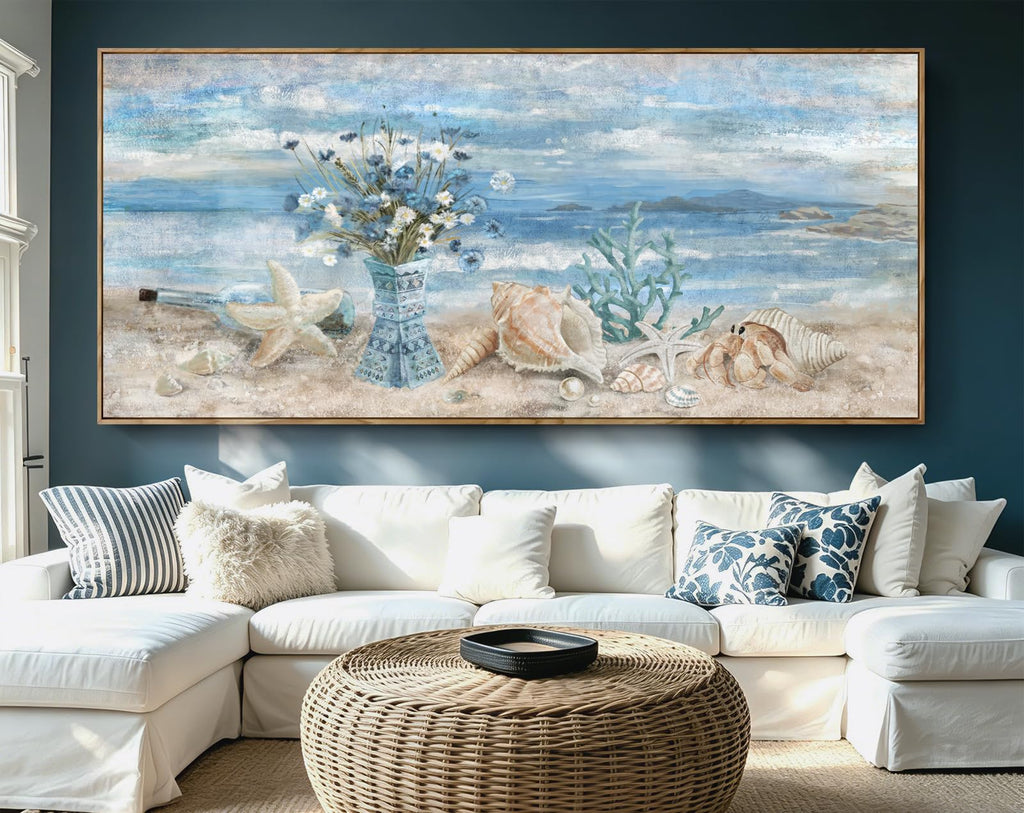 Oversized Blue Ocean Framed Wall Art Boho Canvas Print 86x39inch