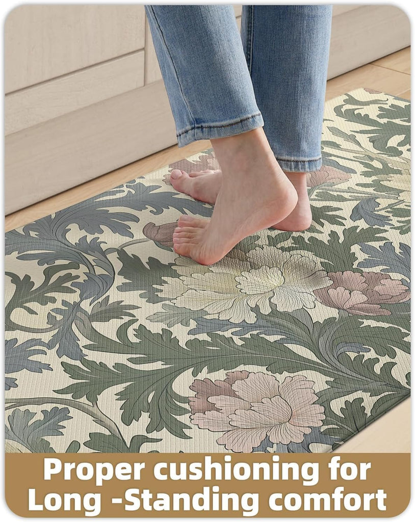 Natural Floral Kitchen Mat 24x59 Anti Fatigue, Multi Color | 0.4in Thick Cushioned Standing Mat For