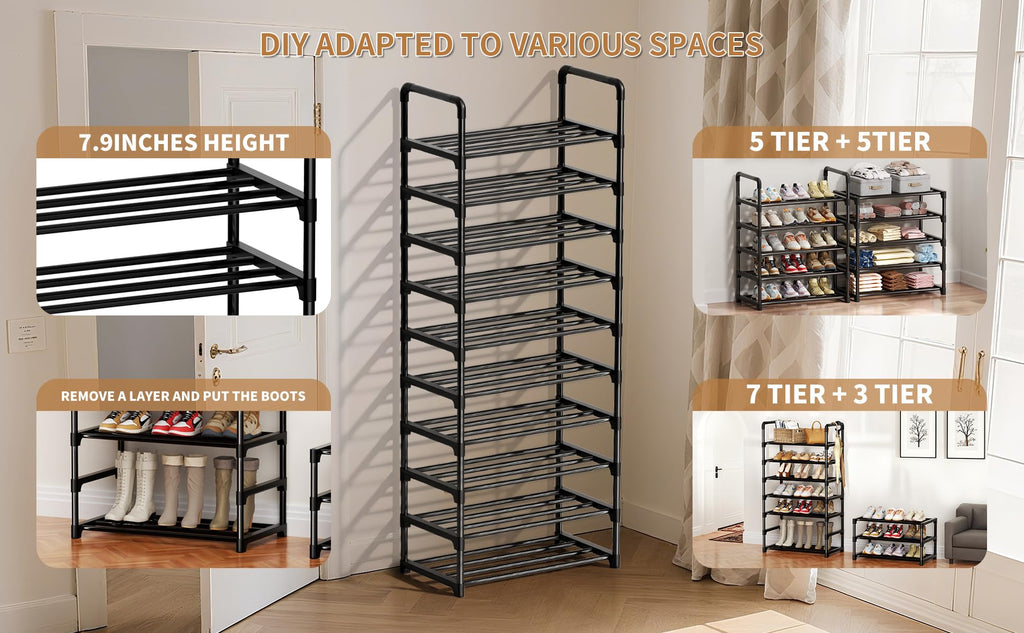 Shoe Rack, 10 Tier Shoe Storage Organizer, Fit 30-35 Pairs Shoes, Metal Tall Shoe Shelf for Closet, Entryway