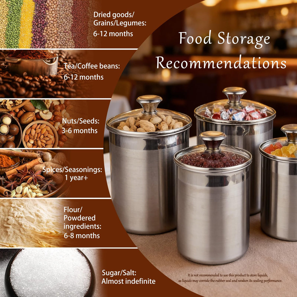 Stainless Steel Food Canister Set 4-Piece, Airtight Kitchen Storage Containers with Lids, Metal Canisters for Flour