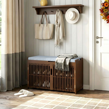 Shoe Storage Bench with Cushioned Seat 3-Tier Entryway Shoe Rack with Doors