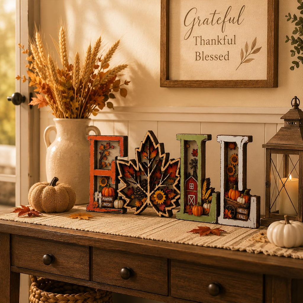Fall Decorations 2026, 3D Wooden Fall Decor with Harvest Autumn Sign Leaf Pumpkin Scene, Rustic Thanksgiving Tabletop