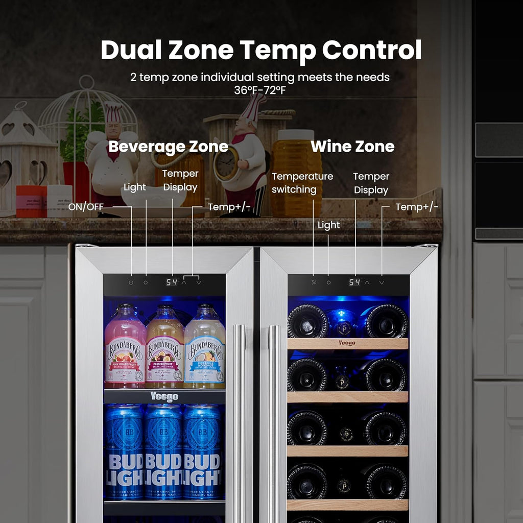 Wine & Beverage Refrigerator, 24 Inch 60 Cans and 20 Bottles Dual Zone Wine Cool