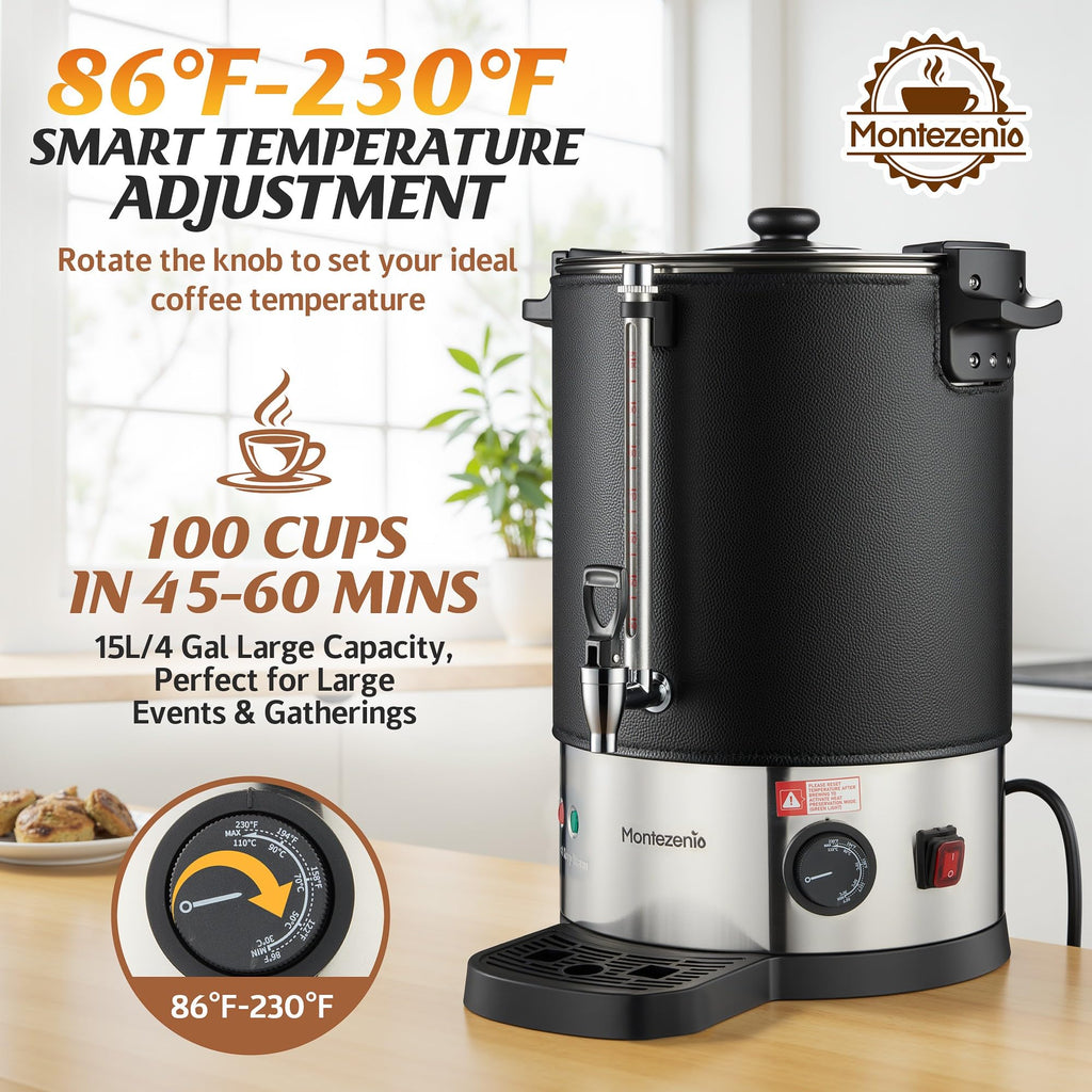 100 Cup Commercial Coffee Urn with Temp Control, Extra Large Coffee Maker | 1500W Double Insulated 304 Stainless