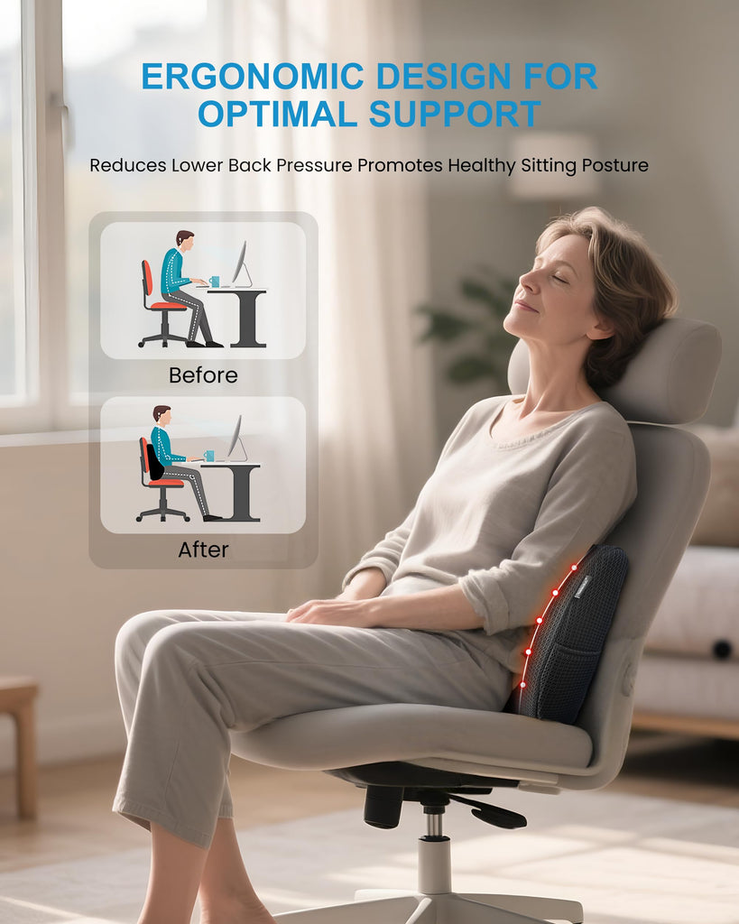 Lumbar Support Pillow Chair - Heated Back Support Pillow with Vibration Massage, Ergonomic Back Massager for Chair