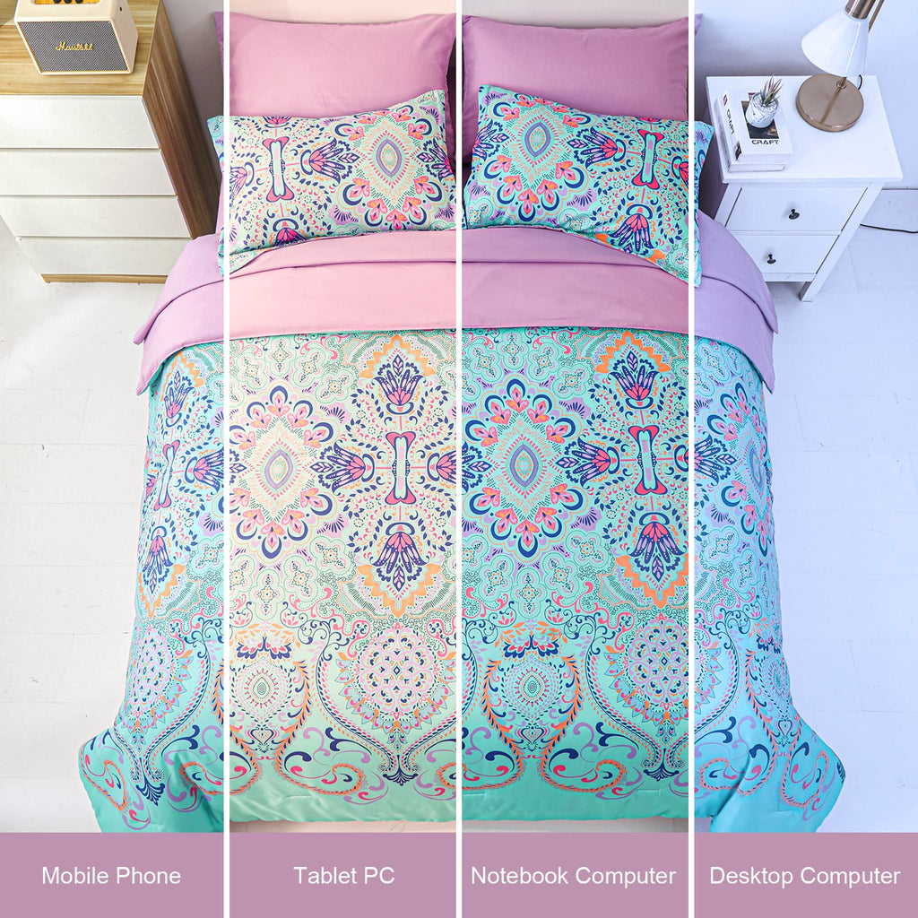 Queen Comforter Set, 7 Piece Bed in a Bag, Boho Aqua and Lilac Damask Medallion Print Comforter with Sheets, Soft