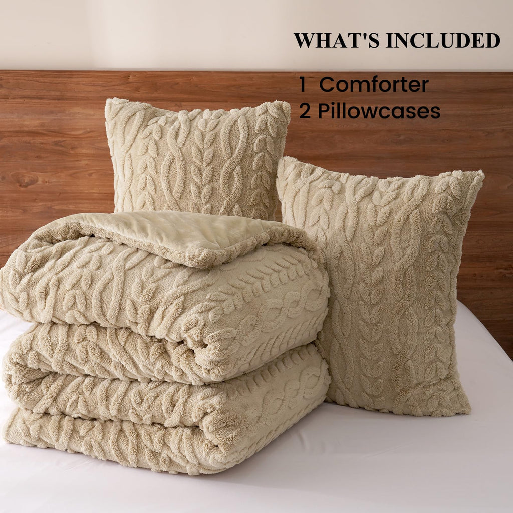 Fluffy Sherpa Fleece Comforter Set, 3 Pieces Warm Fuzzy Soft Bedding for Winter, 3D Tufted Flannel Plush Shaggy