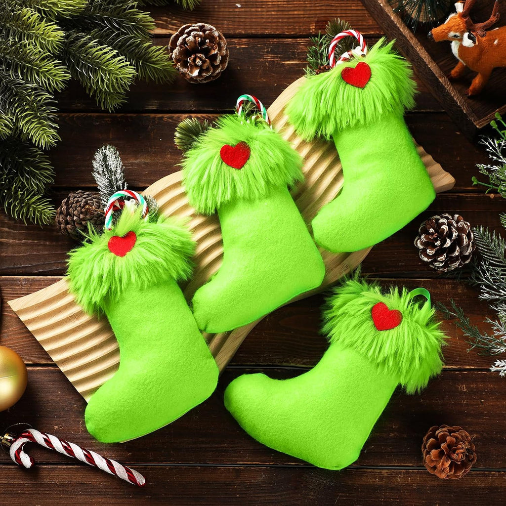 24 Pcs Mini Christmas Stockings 6 Inch Green Faux Fur Stockings