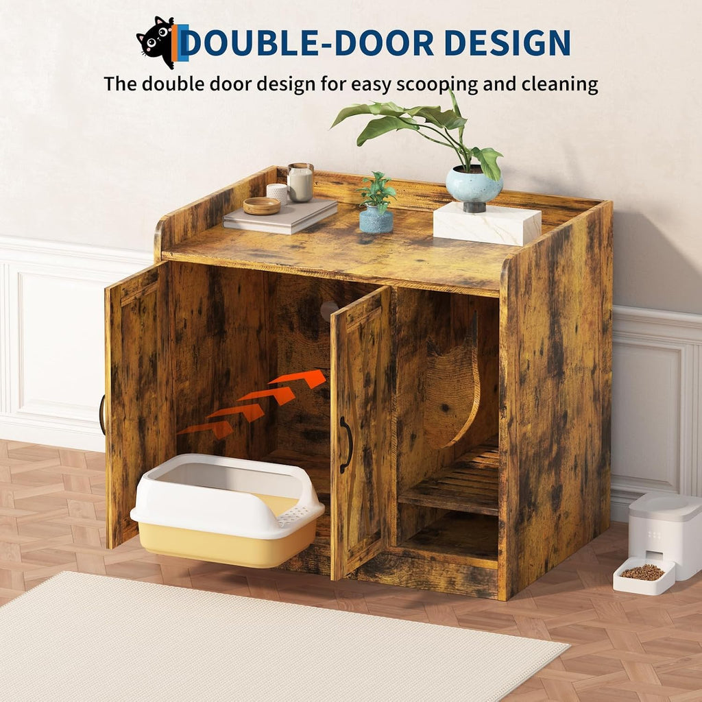 Large Hidden Cat Litter Box Enclosure Cabinet, 2 Ways Usage Wooden Cat House Side Table with Double Doors Vent Hole