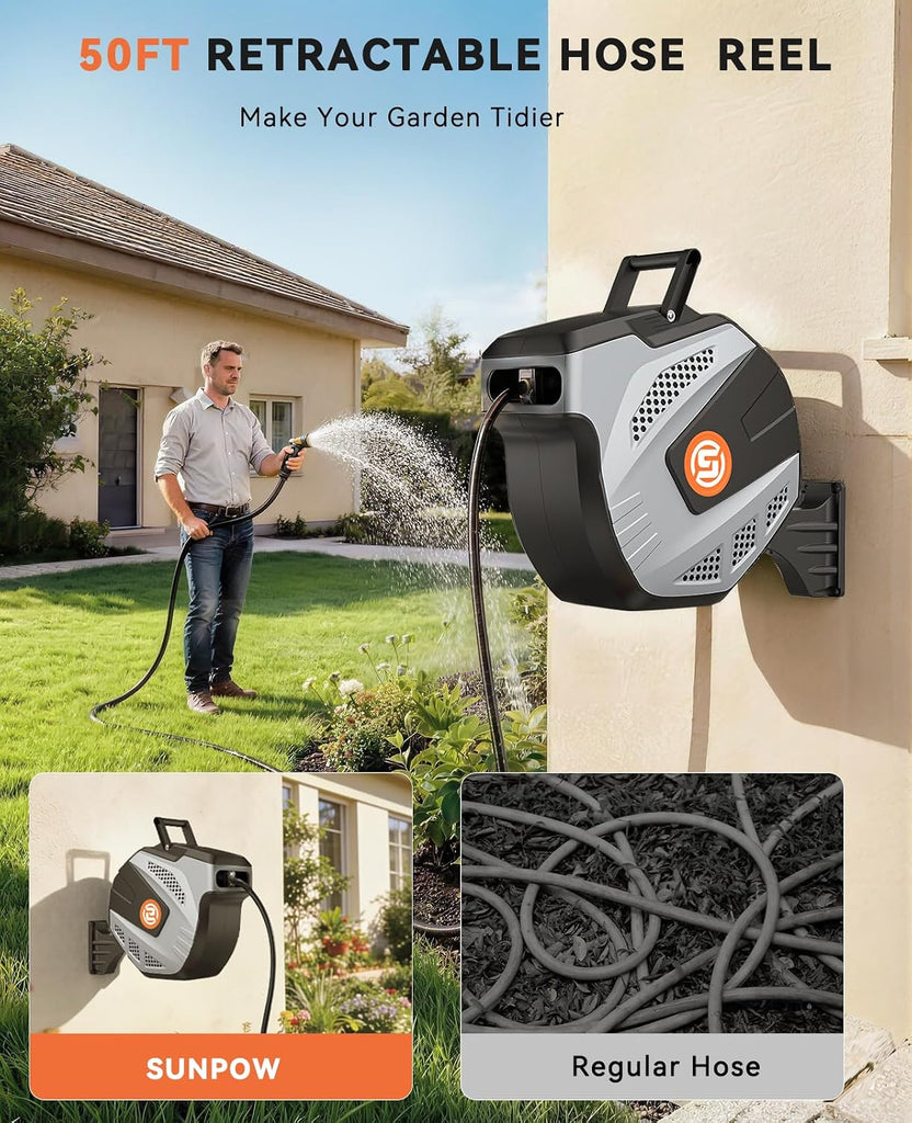 Retractable Garden Hose Reel - 1/2 inch x 50ft Heavy Duty Wall Mounted Hose Reel with 3/4 inch Brass Fitting & 10