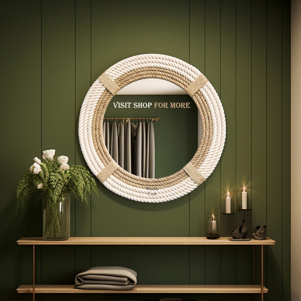 Nautical Hampton Round White Rope Mirror Twisted Rope Home Decor Art Wall Hanging Mirror Coastal Cotton Rope Mirror