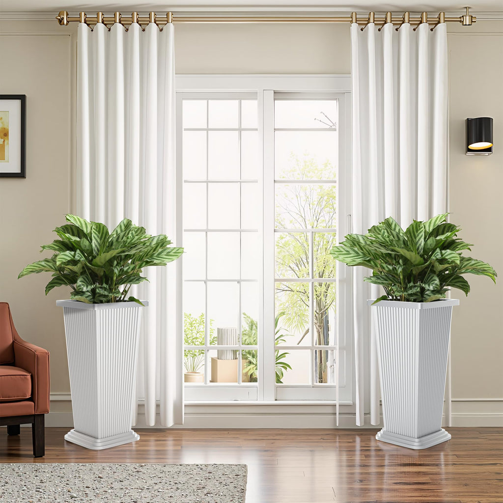 Set of 2 Tall Planters for Outdoor Plants, White Ribbed
