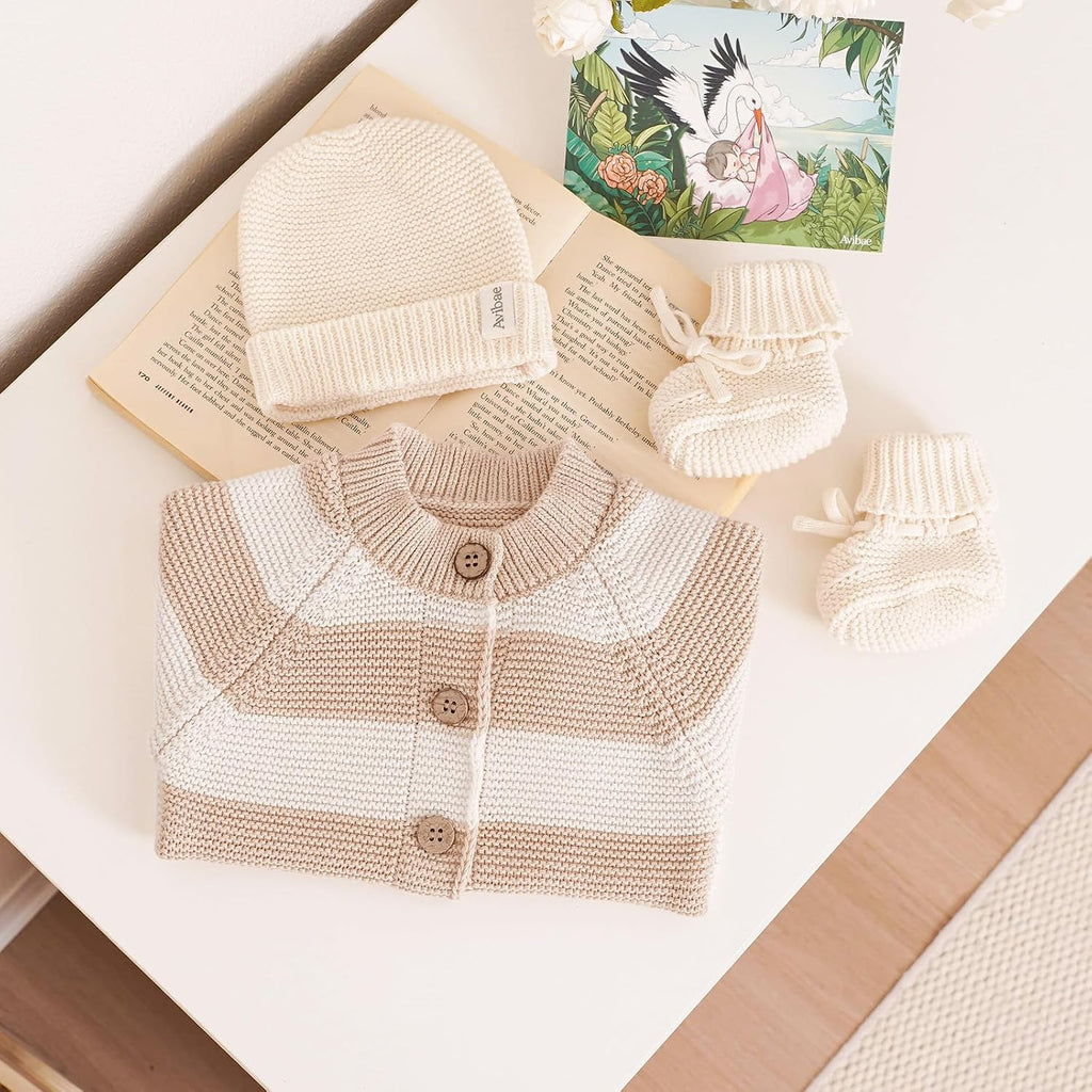 Knit Cotton Newborn Piece Set with Romper, Hat/Hair Band, Booties